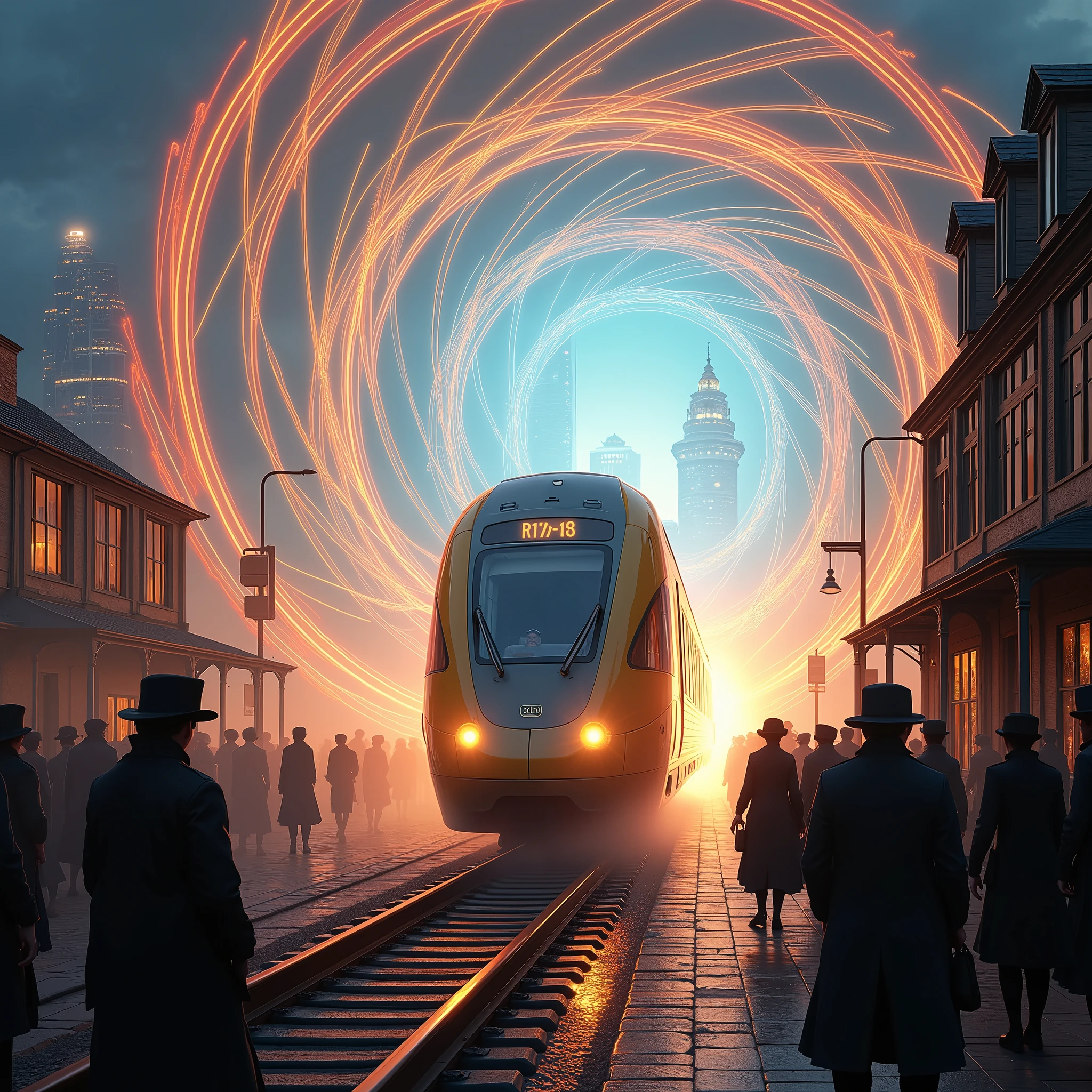 (View 3 /4),  we see a modern train passing through the energetic portal (  a huge swirl of energy paving the way from the future to the past  ),  the front of the train and the first carriage find themselves in the 18th century world ,  ancient buildings ( English architecture 18th century )  surprised frightened people in 18th century clothes , frightened , someone is trying to convince , from behind, through the (barrier, as if you can see the end of the train leaving for modern Los Angeles)  portal, you can see buildings and skyscrapers in Los Angeles , (энергитический barrier невероятно красоты стена из спиралевидных потоков энергии вихрящихся цветных потоков,forming a funnel ), incredible fantastic image ,maximum quality ,maximum detail,)( modern skyscrapers are visible only inside the portal circle , all the people in the frame wearing 18th century clothes )