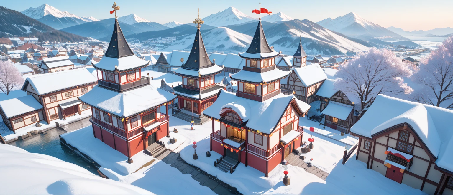 The view from above shows an open space in the middle, surrounded by Thai-style houses. There is a New Year
Style: The style of the image is characterized by a vivid and stylized animation aesthetic, commonly associated with video games or animated films. The characters and structures are drawn with distinct and clean lines, giving the image a polished and cartoon-like appearance. The use of soft pastel colors enhances the dreamy and charming atmosphere of the scene.site view,snow,party