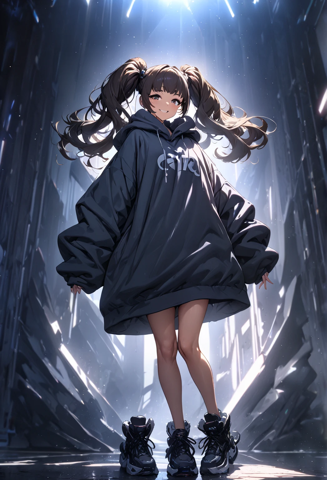 (masterpiece:1.2,  best quality), ( high definition),    1 girl  , Long legs,  twin tails,  oversized hoodie,  standing, smile, Volumetric Lighting, Best Shadow,  shallow depth of field, (  best quality , Amazing Details:1.25), 