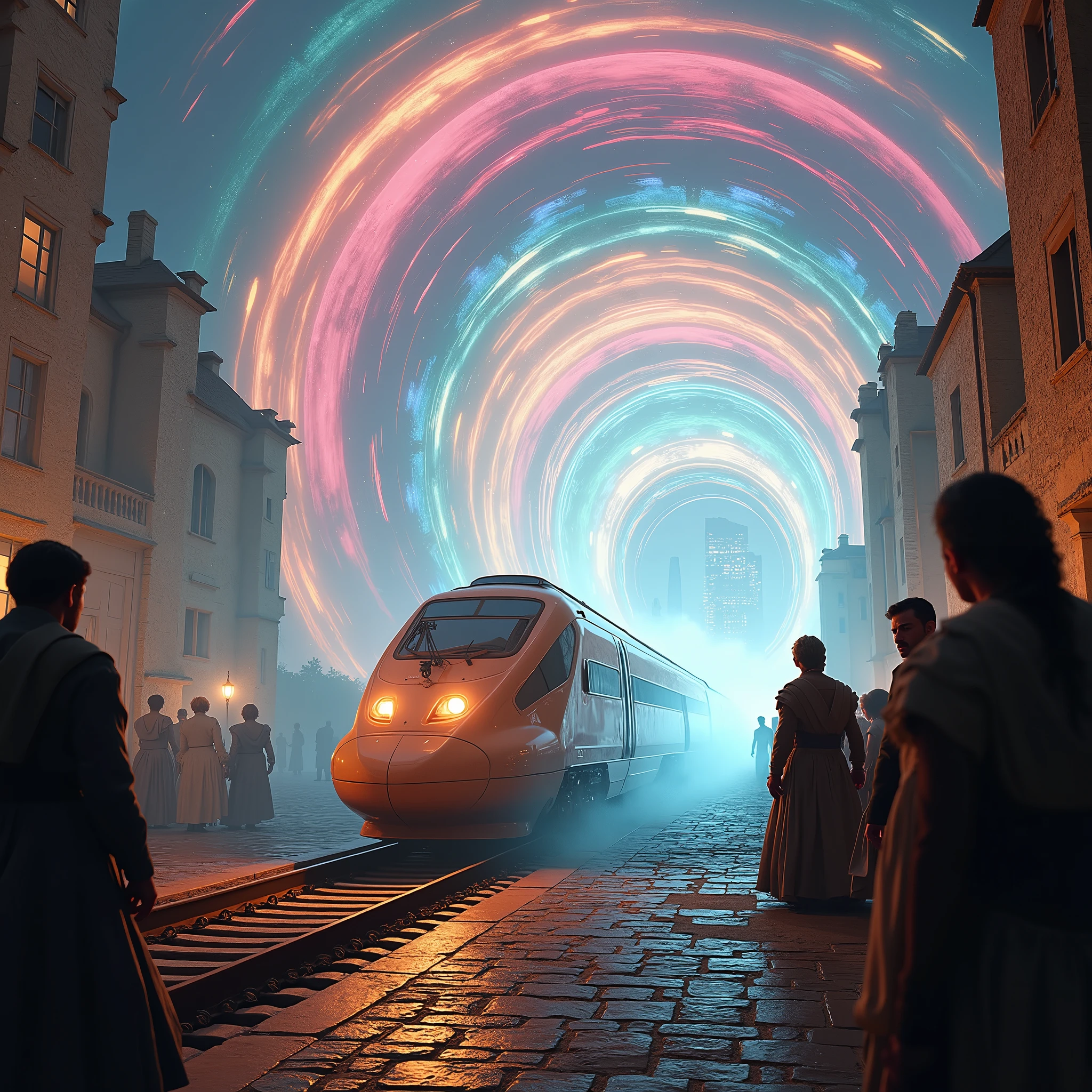 (View 3 /4),  we see a modern train passing through the energetic portal (  a huge swirl of energy paving the way from the future to the past  ),  the front of the train and the first carriage find themselves in the 18th century world ,  ancient buildings ( English architecture 18th century )  surprised frightened people in 18th century clothes , frightened , someone is trying to convince , from behind, through the (barrier, as if you can see the end of the train leaving for modern Los Angeles)  portal, you can see buildings and skyscrapers in Los Angeles , (энергитический barrier невероятно красоты стена из спиралевидных потоков энергии вихрящихся цветных потоков,forming a funnel ), incredible fantastic image ,maximum quality ,maximum detail,)( modern skyscrapers are visible only inside the portal circle , all the people in the frame wearing 18th century clothes )