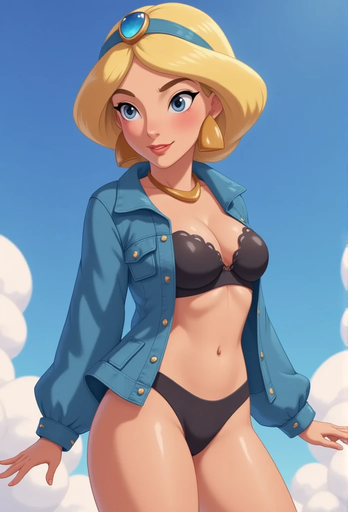 1girl, solo, blonde hair, blue eyes, short hair, jewelry, earrings, smile, jacket, looking to the side, denim, denim jacket, upper body, lingerie, closed mouth, cloud, sky, day, looking away, blue sky, collarbone