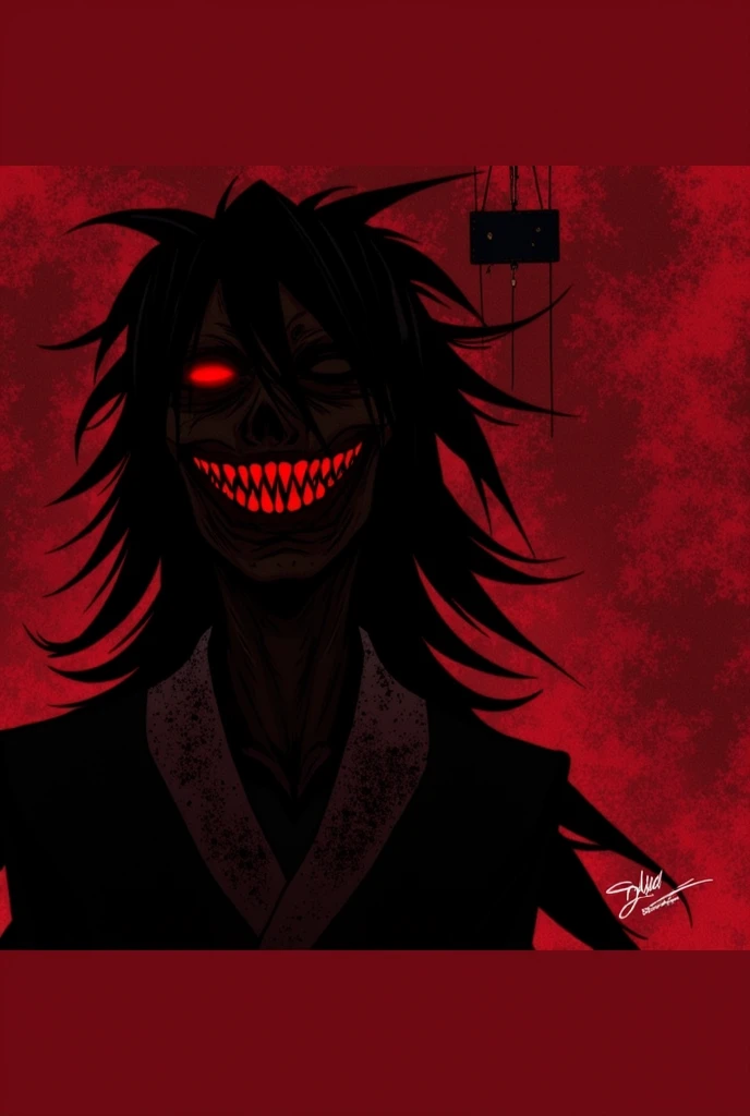 A terrifying anime character with dark red hair wearing a mask with terrifying details in a room with terrifying details in front of her with a microphone.