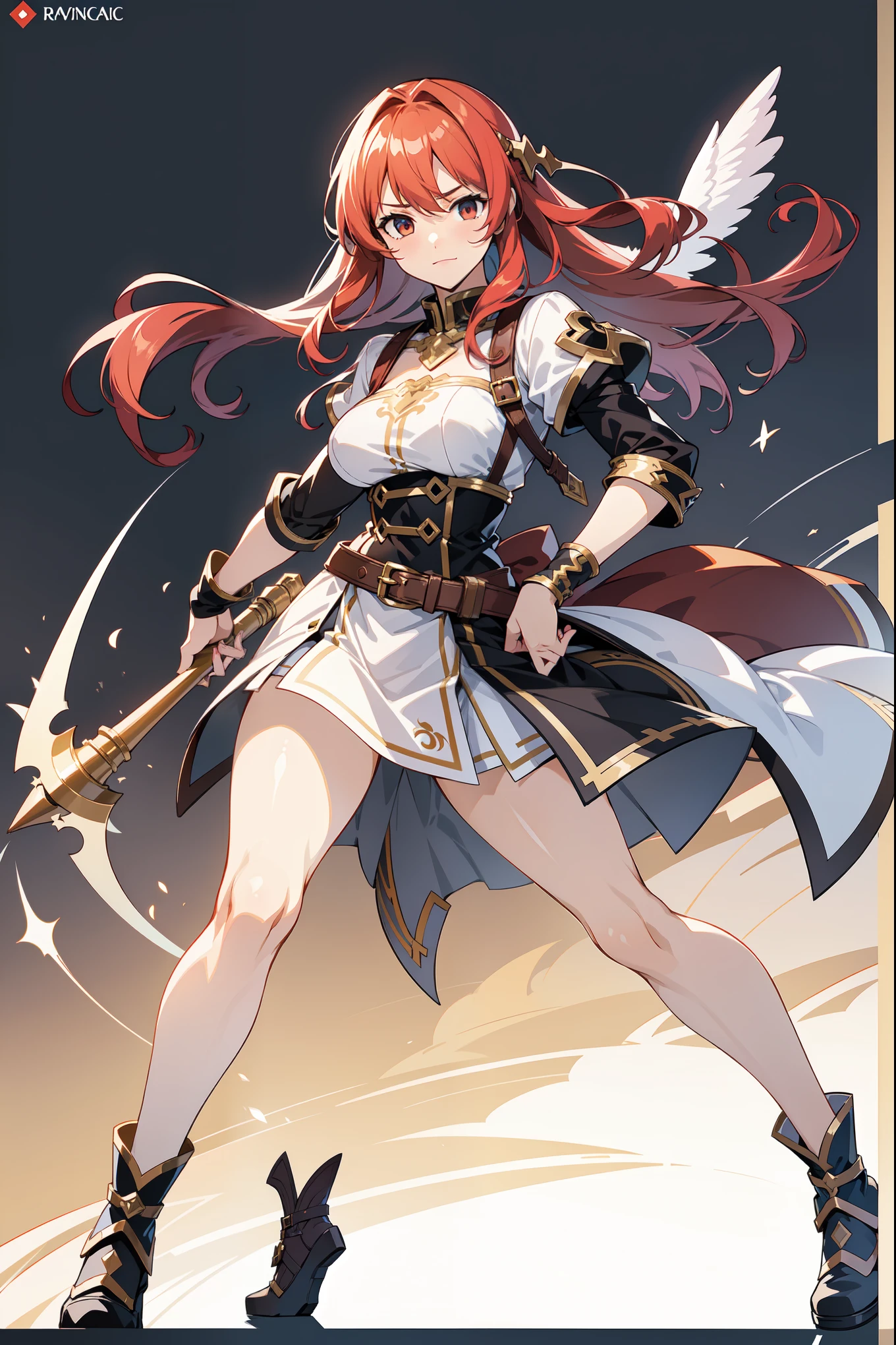 Image is a fullbody digital illustration of ragnarok online character, holding bow, epic pose. Thick outline. The background is plain white, emphasizing the character's vibrant design. Ensure no part of the character is cropped or cut off. Highly detailed, vibrant colors, and realistic proportions.