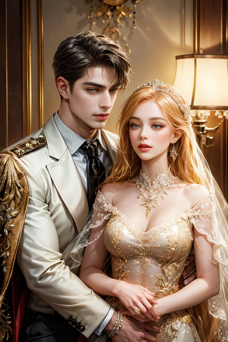 Hyper realistic, 2 people, a bride and a bridegroom, caucasian, scenic background, nice faces, best clothes, intricate detailed, cinematic lighting ,official illustration , gliterring, white skin, 3d rendering, ray tracing, look at the camera, in style of white and blue, intricate pattern clothes , epic, luxurious, dust in the air, intricate detailed background, smoke, foggy