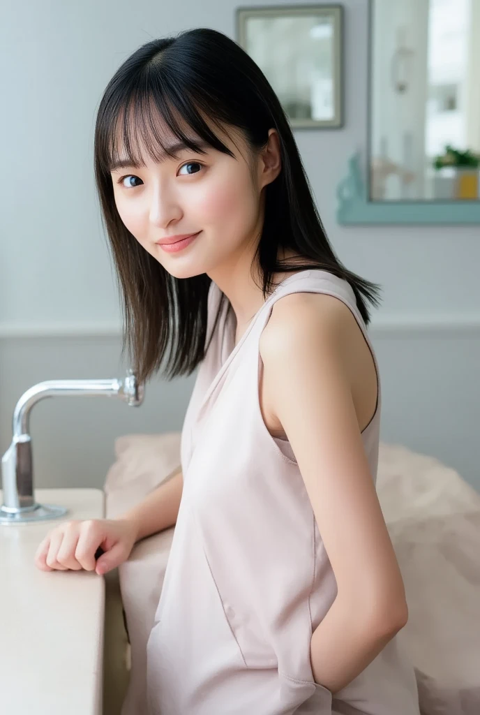(Best-quality, Masterpiece, Ultra-High-Resolution, (Photorealistic:1.4), Raw Photo, depth of field, professional lighting, perfect anatomy, extremely details), 1girl, 15-years-old, the most famous Japanese idol, ((sitting on chair in kitchen, showing crotch)), (wearing sleeveless casual-dress with cute-design), (looking at viewer), (innocent smile), (extremely cute face like the most popular Japanese idol, ((extremely cute and extremely big round-eyes)), extremely cute hair), ((((extremely beautiful and extremely realistic skins)))), extremely cute long-eyelashes, extremely cute lips, extremely childish body