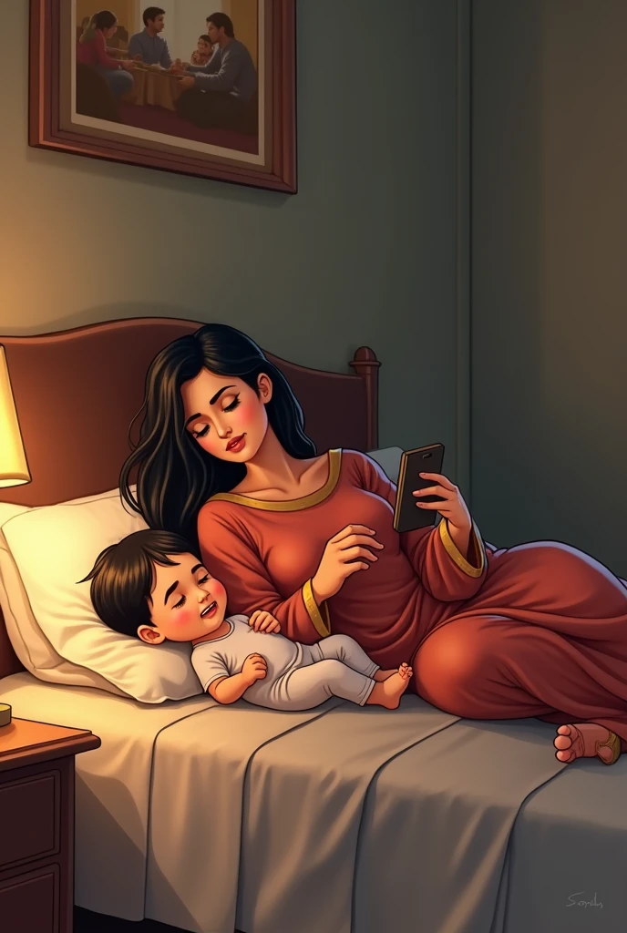 indian 40 year old chubby woman wears tight pink colour gown, lying on bed, reading a magazine, and 17 year boy wears tshirt and short, lying alongside the woman on bed,  hugged the woman and  seeing the magazine.