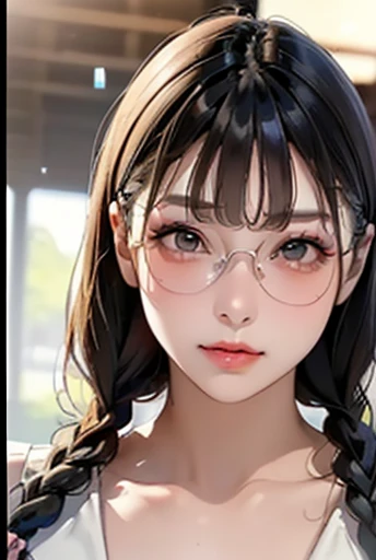 (( best quality )),(超 high definition ),( Very detailed),(Detailed explanation),(( best CG )),(masterpiece), Super Fine Art 、( best quality 、8k、32K、masterpiece)、(Realistic)、(Realistic:1.2)、( high definition )、 Very detailed、 very beautiful face and eyes、1 female、((:1.3))、 Thin Waist、Delicate body、( best quality 、 attention to detail 、 Skin Details )、( best quality 、8k、Oil paint:1.2)、 Very detailed、 cowboy shot:1.3、Glasses、( Mine Style Makeup :1.5、 landmine fashion:1.5)、 braids 、((Comic Market venue:1.5))