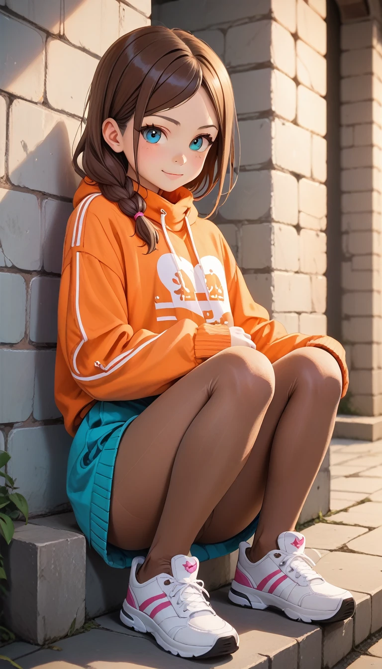 Asuka Tanaka, tight sweater, extra short skirt, (highly shiny brown pantyhose:1.4), sneakers, (loli:1.4), sitting in a dungeon