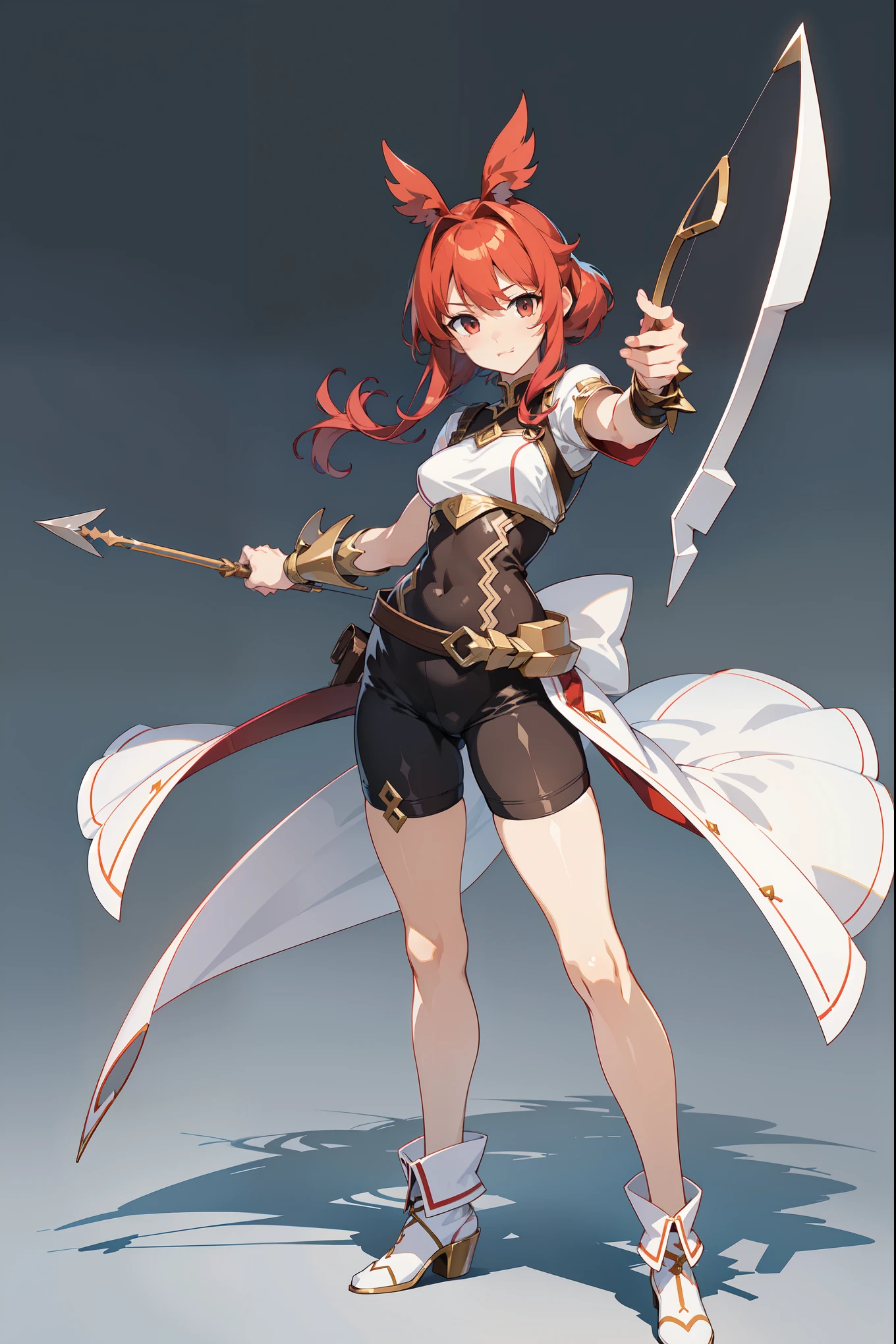 Image is a fullbody digital illustration of ragnarok online character, holding bow and arrow, shooting pose. Thick outline. The background is plain white, emphasizing the character's vibrant design. Ensure no part of the character is cropped or cut off. Highly detailed, vibrant colors, and realistic proportions.