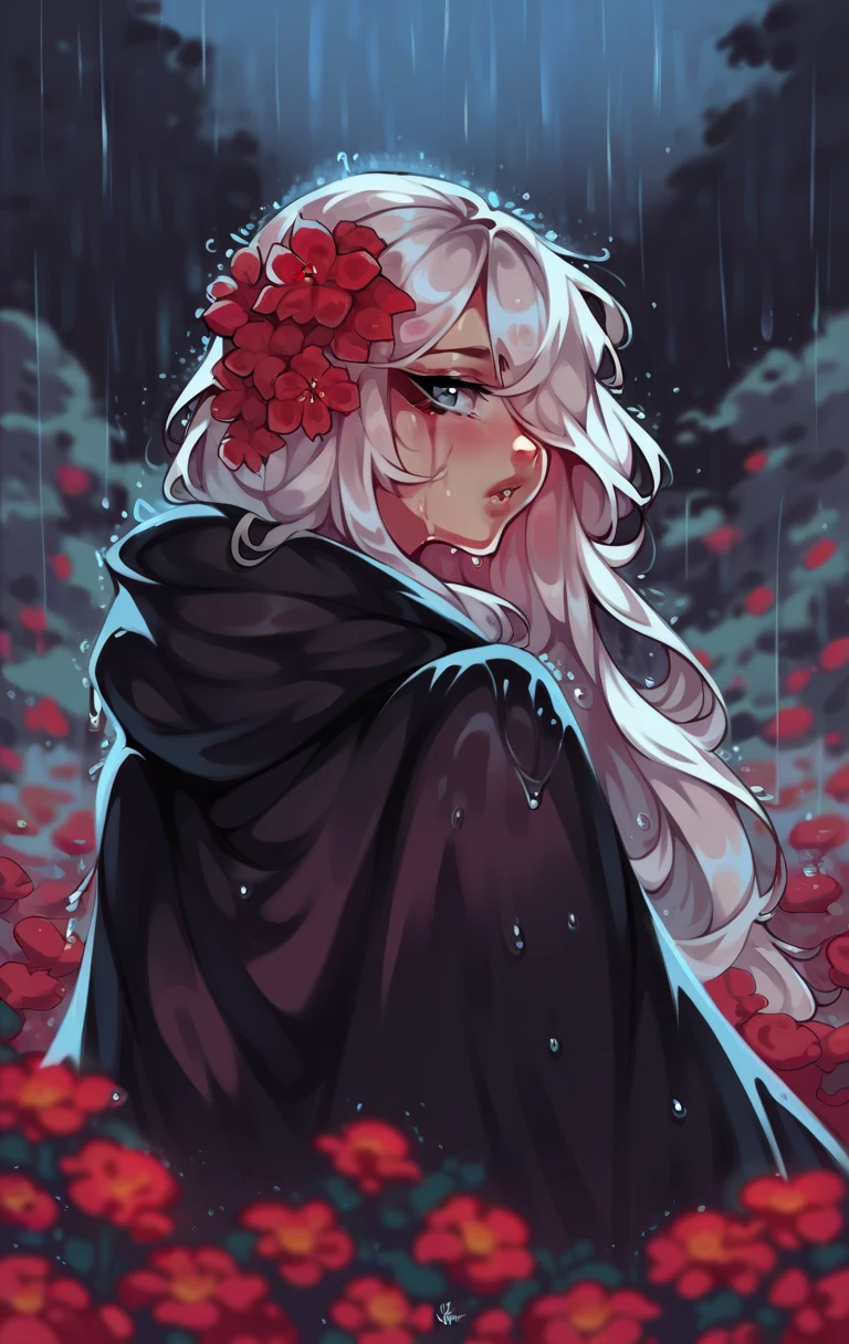 1girl,solo,1girl,solo,((beautiful detailed eyes)), (detailed light),depth of field,(white hair),silver eyes,hair over one eye,(red flower ), hair flower,long hair,black cloak,wet,emotionless,looking back,night,starfall,raining,fog,red flowers falling,sketch,upper body,intense shadows,