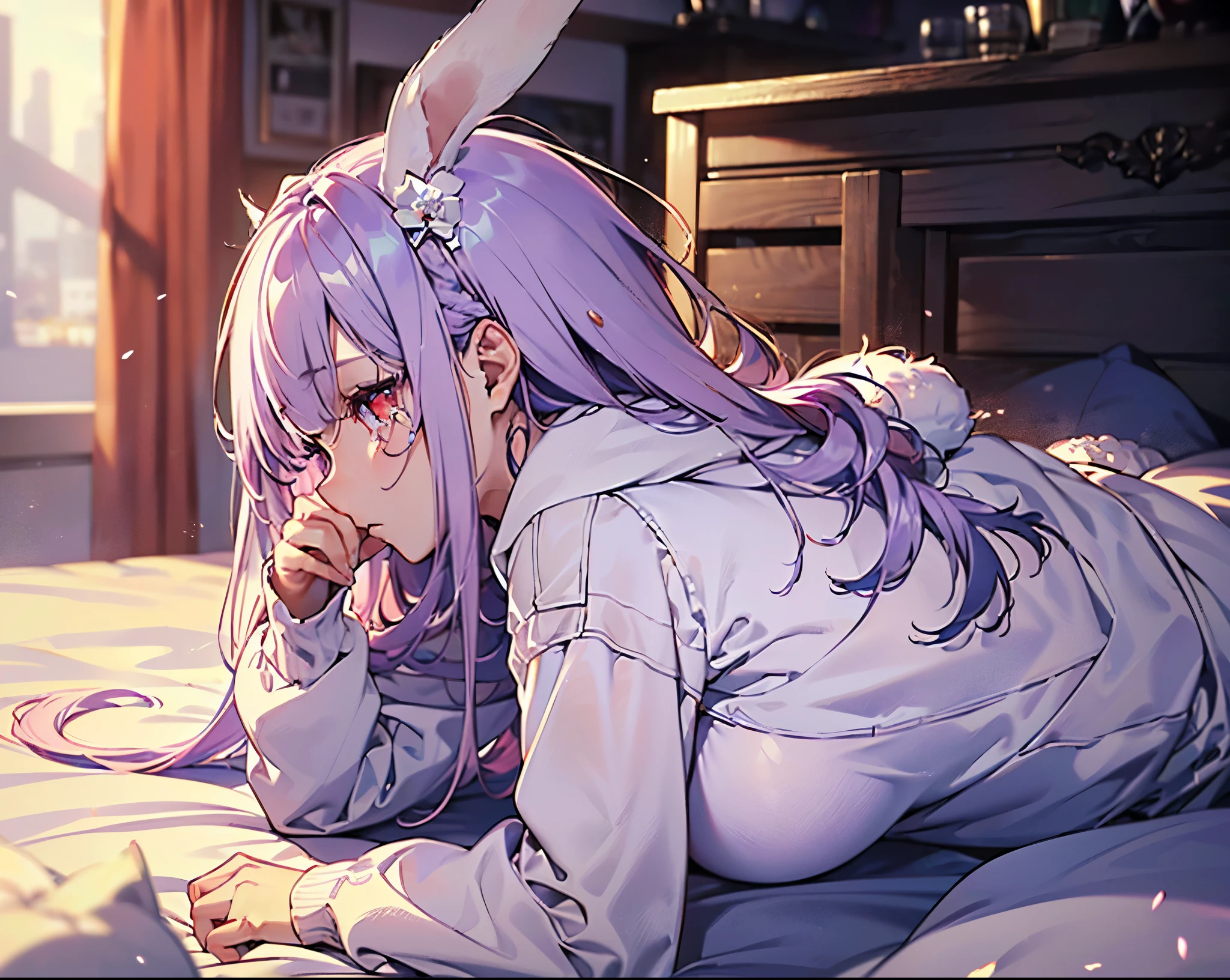 Close-up,Highest quality, Ultra Detail, High-quality CG rendering, The most delicate and beautiful, Floating softly, High resolution, (1 girl), (Highest quality,4K,8k,masterpiece:1.2) ,Light purple hair,(Bunny ears:1.5),(Long Hair:1.4),Red eyes,(Completely naked:1.5),room,Upper Body,(Collapsed in bed:1.5),Defeated,,(Slightly larger breasts:1.2),Sleep,Are sleeping,(front:1.2)