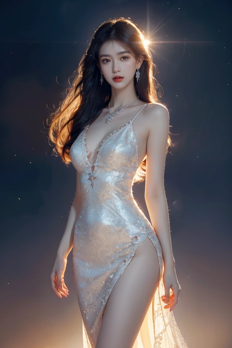 Finest CG ,  Max Image, masterpiece, Delicate and beautiful girl, (185cm Beautiful Woman), ( are tall and slender), Royal sister, Queen temperament,  white skin, ((Long legs)),  Perfect Face , Bright Eyes, Seductive posture,  red lips, Beautiful and cold (Big Break)), Beautiful and heroic, soft and long hair, Sparkling, Lace Edge, mesh,  Skin Seen Through Perspective , He's wearing glasses,   Diamond Earrings ,  Ruby Necklaces , ( evening dress), 8K quality, ( Realistic Portraits ), Characters that fill the screen , ( FACIAL LIGHTING ), (( standing)