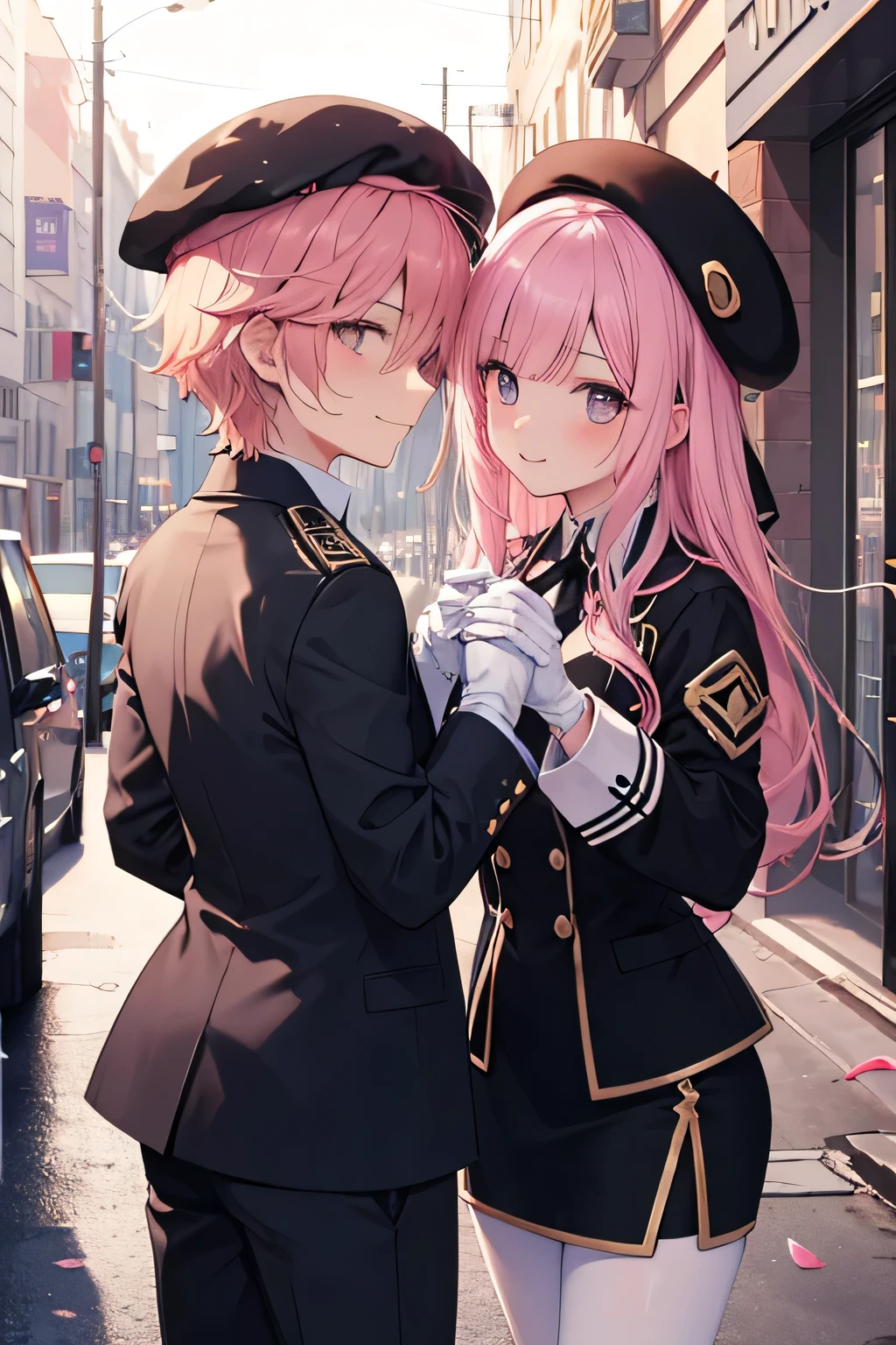 Men's couples(lord knight male),(( ragnarok online )( Feather beret)) and Girl smiling, shaking hands , standing, pink hair color, building background , building background (office), complete anatomy, graphic effects , primera persona, Black suit jacket, jacket with collar, White Dress Shirt, white gloves, black pantyhose , collared shirt , neckline, button, correa, white beret, Identification card on the neck , black pencil skirt, blush, aura, Black Beret, height 159 cm ( 5 feet 3 inches ), sakura petals and leaves, primera persona, blush, looking at the viewer , Charm, Pausa de toque ciego looking at the viewer ,
