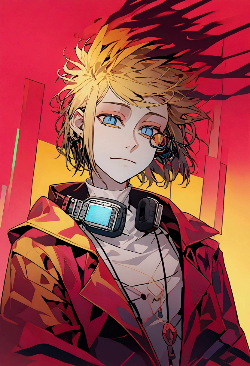 A young man with short blond hair, cyan headphones around his neck, blue eyes, an open yellow jacket, white shirt, slight smile, huge floating pink holographic equalizer next to him