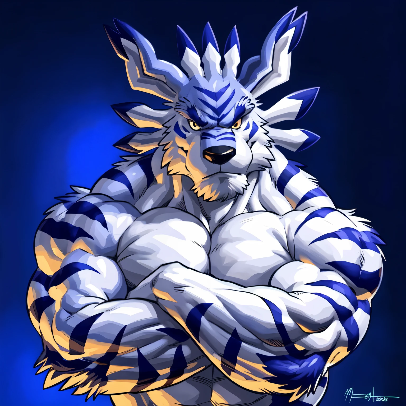 Garurumon, 4k, high resolution, best quality, detailed, posted on e621, solo, anthro body, older male, masculine, male, very masculine, (very muscular, defined muscles, heavyweight):1.2, (plain background, explosive background:1.1), correct anatomy, (orange eyes, detailed eyes:1.1), sexy, (cel shaded, cartoony shading, strong shadows, dramatic lighting):1.3, confident, (by wfa, by takemoto arashi, by meesh, by Taran Fiddler), strong, stern face, sharp teeth, flexing biceps