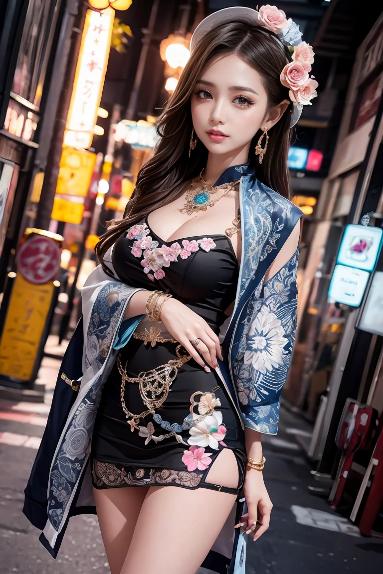 Ancient Chinese architecture，National style beautiful girl，Wear revealing Hanfu，Simple clothing， Minimalist style，Mixed Chinese and American races，The background is blurred out，focal，电影灯光，(((tmasterpiece))), ((best qualtiy)), ((Complex and detailed)), ((ultra-realistic realism)), Ridiculous resolution, A MILF, Mature woman, ssee-through, highly  detailed, illustratio, 1girll, (mediuml breasts), Thin waist and thick hips，long leges，beatiful detailed eyes, short detailed hair, brunette color hair, a purple eye, blackstockings，lacy clothing，Skirt that wraps hips，tightsuit，with faintly visible，Cool clothing，The body proportions are perfect，（No underwear：1.2），detailed back ground, perfect  eyes, Seductive eye, （nice hand），Detail hands，looking at viewert，From the front，Wear light，juicy legs，deep v big breasts，