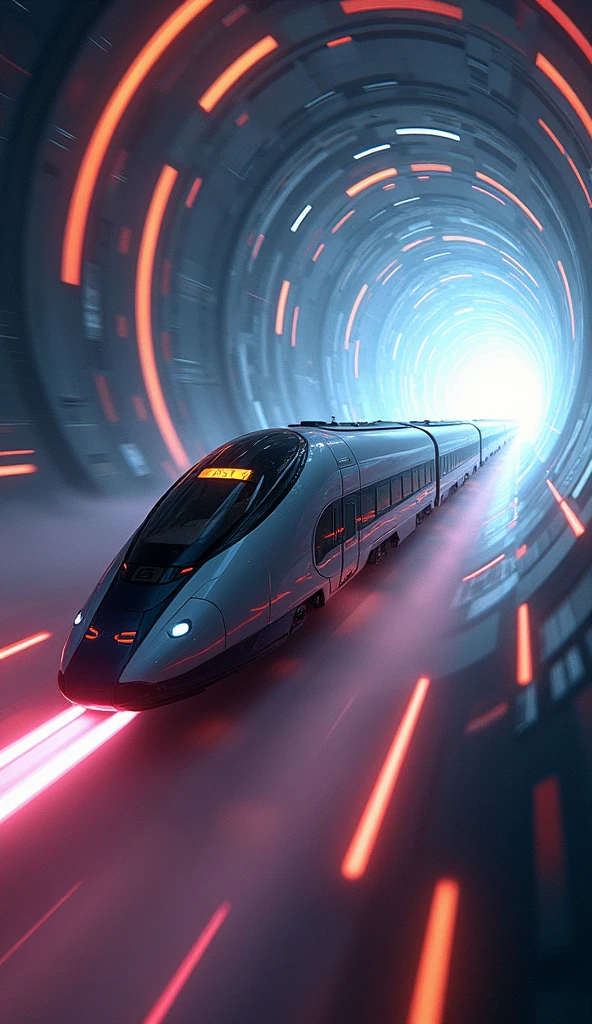 (masterpiece,  High Quality ,  high definition ,  Golden Ratio ,  Film Lighting , 8k), SF,  concept art,  impressive screen structure ,  train flying through a wormhole( no tracks, no overhead lines ), (A train that transcends time and space), (Fictional vehicle ),  seven colors of light mixed together , leaving with tremendous momentum ,  motion blur