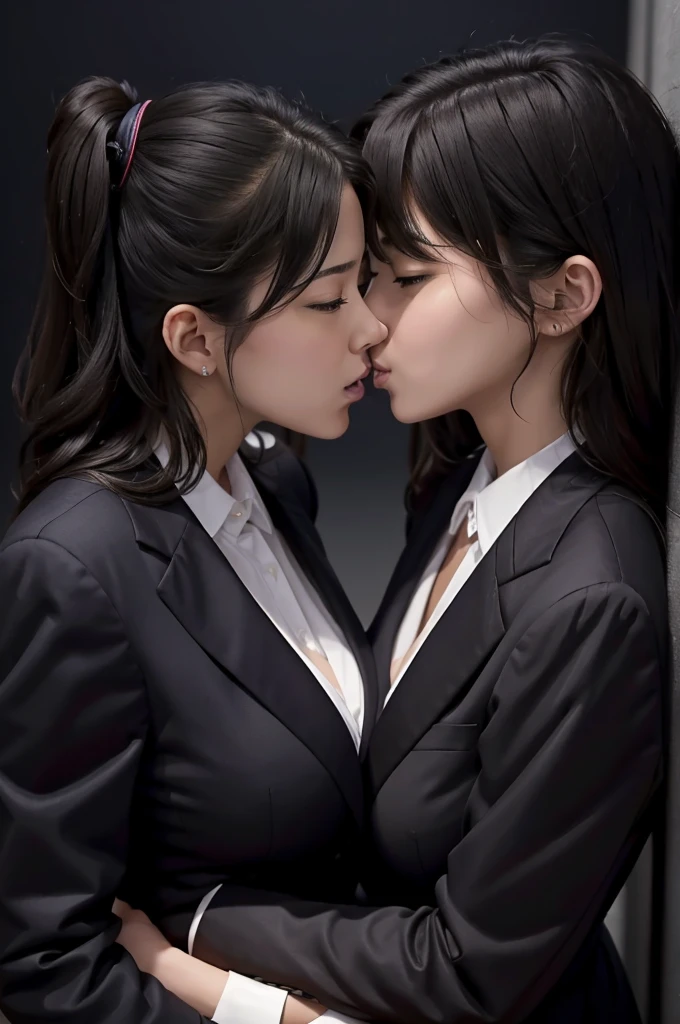 (Two sisters):1.9, Two sisters are sitting on a bench in the garden, 
((older sister is a 25-year-old adult woman and my younger sister is a 16-year-old high school student):1.9, yuri, couple,
BREAK, 
(((The older sister has long, straight brown hair styled in a bob cut and is wearing a business suit, tight, natural big breasts, feminine body, She is slightly taller than the younger sister))):1.8
BREAK, 
(((The younger sister has wavy black hair in a ponytail and is wearing a , immature body)))1.8, she seems a little embarrassed, 
BREAK, 
(((sisters are hugging and kissing, kissing with eyes closed, kiss)))
BREAK, 
masterpiece, accurate, anatomically correct, textured skin, high details, high quality, award winning
