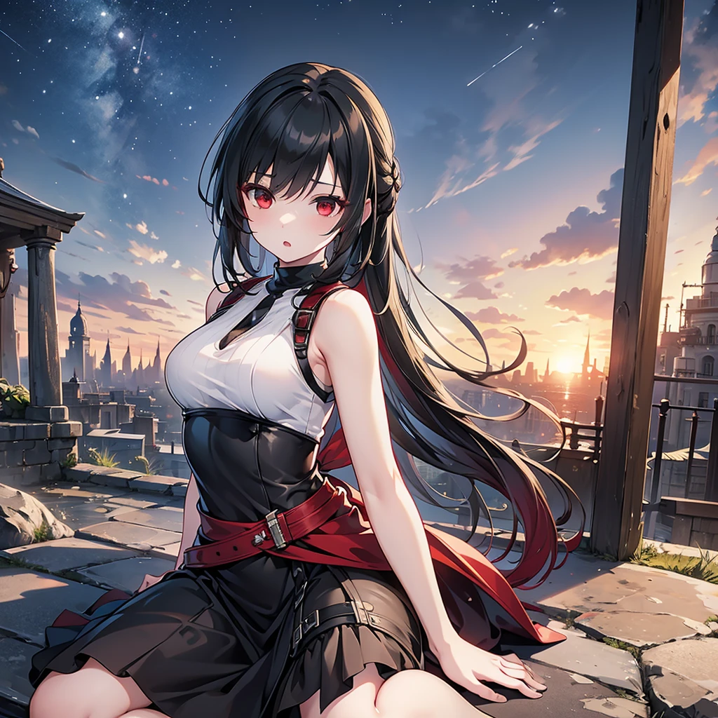 anime-style illustration of a beautiful Japanese witch, 18 years old, 165cm tall, long black hair flowing in the wind, deep red glowing eyes, slim figure, small breasts, wearing a dark elegant witch outfit, raising a magical staff high above her head, casting powerful magic, determined and dignified expression, standing atop a ruined skyscraper in devastated Tokyo at night, large blue full moon prominently visible in the starry night sky, She is sitting on a magic broom, magical energy swirling around her and the staff, perfect fingers, city lights flickering in the distance, broken buildings and debris visible, mature and charismatic aura, elegant and refined presence despite the chaos, highly detailed, dramatic lighting emphasizing the blue moonlight, 8k resolution, photorealistic