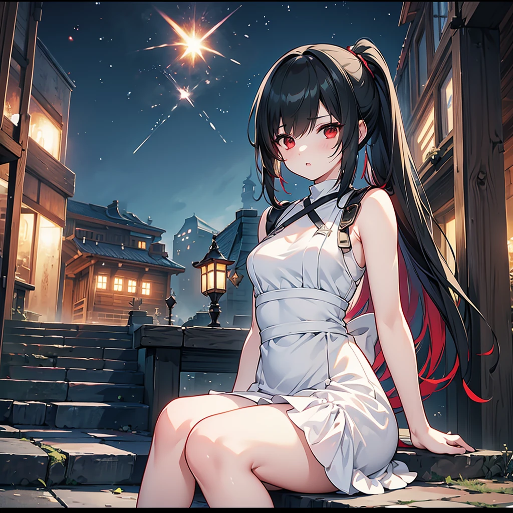High resolution high quality reimu hakurei cheeks are red smile Show from head to thigh small breasts small ass thin legs midnight natural starry sky Normal attire Angle from above