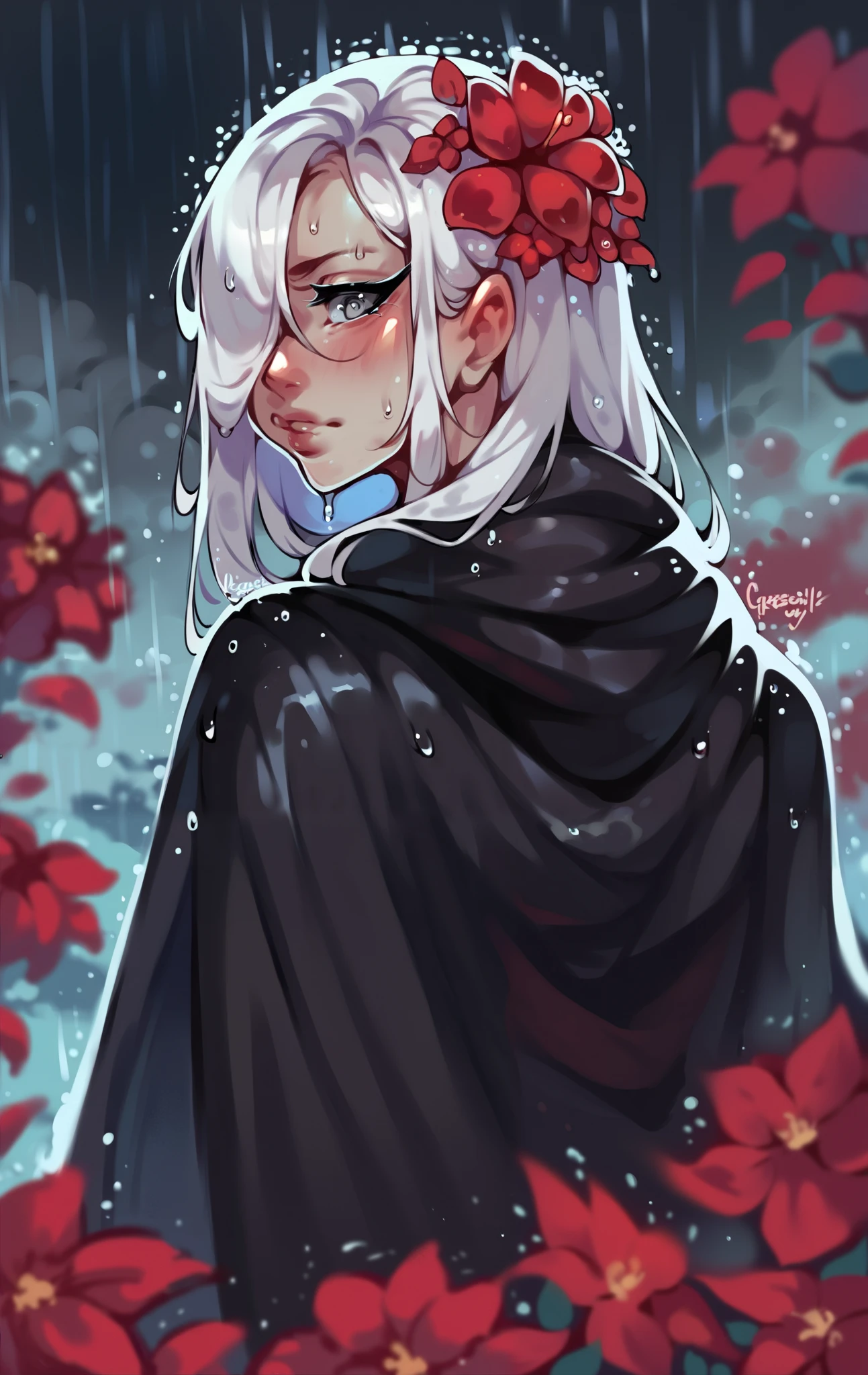 1girl,solo,1girl,solo,((beautiful detailed eyes)), (detailed light),depth of field,(white hair),silver eyes,hair over one eye,(red flower ), hair flower,long hair,black cloak,wet,emotionless,looking back,night,starfall,raining,fog,red flowers falling,sketch,upper body,intense shadows,