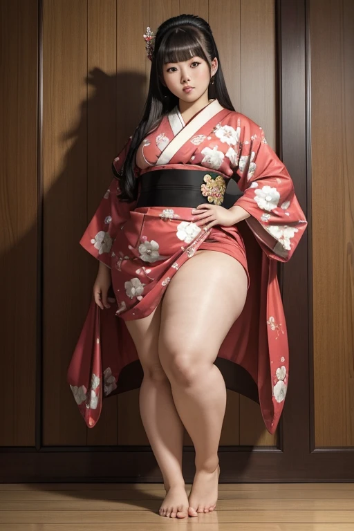 Fat woman、Chubby-chan、thick body、reality、professional photos、genuine、thick body, big 、 big ass、big belly、thick thighs、thick arms、round face、fat face、chubby cheeks、droopy eyes、Big eyes、Clear double eyelids、lazy smile、Long-haired black hair、golden hair ornament、golden flower decoration、shiny skin、outstretched arm、on the bed、Lying、spread your legs、japanese kimono、Red, pink and gold kimono with floral pattern、japanese goddess、geisha、Shoulders exposed