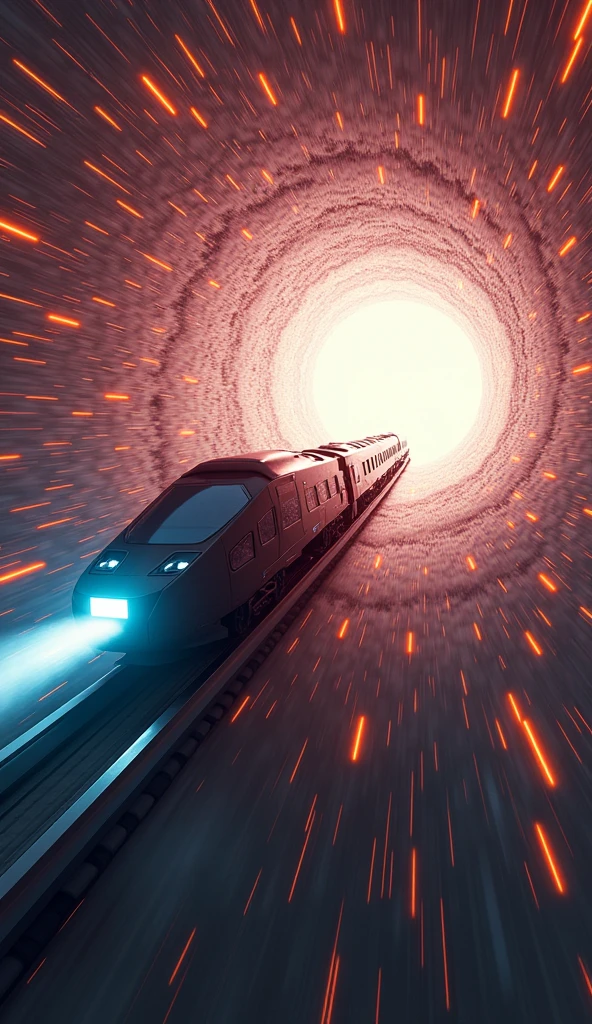 (masterpiece,  High Quality ,  high definition ,  Golden Ratio ,  Film Lighting , 8k), SF,  concept art,  impressive screen structure ,  train flying through a wormhole( no tracks, no overhead lines ), (A train that transcends time and space), (Fictional vehicle ),  seven colors of light mixed together , leaving with tremendous momentum ,  motion blur