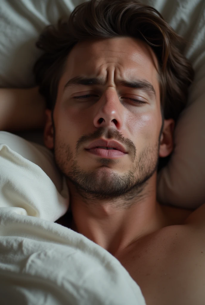 Male between 20 and 30 years old, lying in bed, waking up, yawning, hand rubbing eyes and looking tired, human hand with 5 fingers without mutations