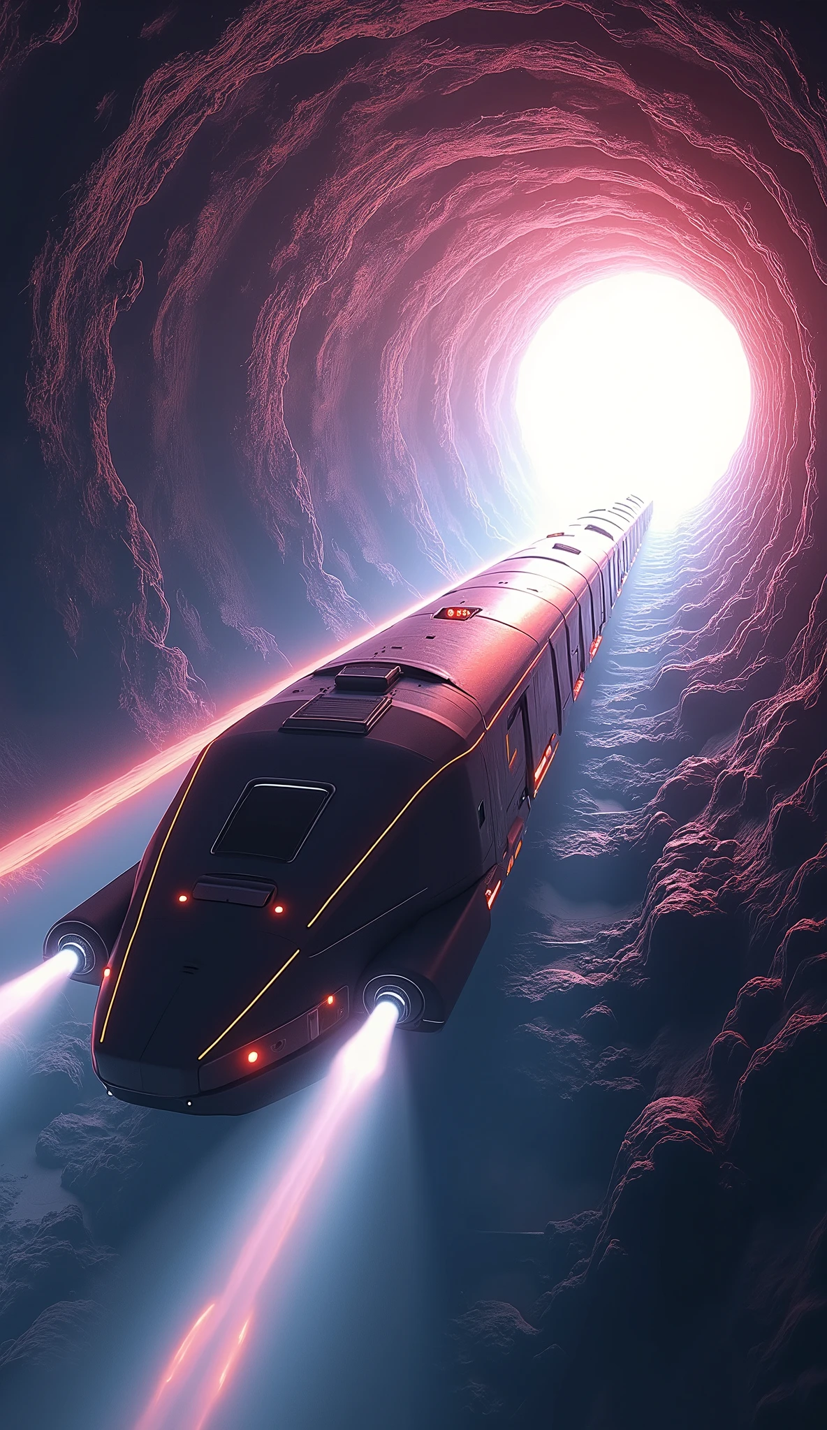 (masterpiece,  High Quality ,  high definition ,  Golden Ratio ,  Film Lighting , 8k), SF,  concept art,  impressive screen structure ,  train flying through a wormhole( no tracks, no overhead lines ), (A train that transcends time and space), (Fictional vehicle ),  seven colors of light mixed together , leaving with tremendous momentum ,  motion blur