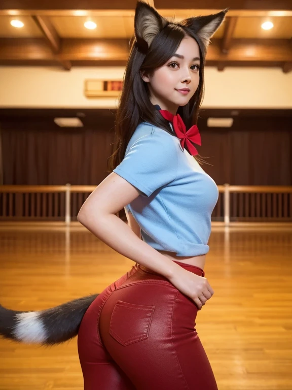 (( best quality, 8k)), ((masterpiece)), ( highest resolution),  perfect face, Woman with fox ears, Woman with a tail,  beautiful woman, She's a college student , It was filmed in a dance hall, Only one tail, She has thick thighs, Her big fox tail ,  her fox tail is visible , She wags her tail,  she's wearing a bow tie , She is wearing jeans, Big Hips,  big butts,  her fox tail is sticking out, Her tail is red ,  Sexy Face