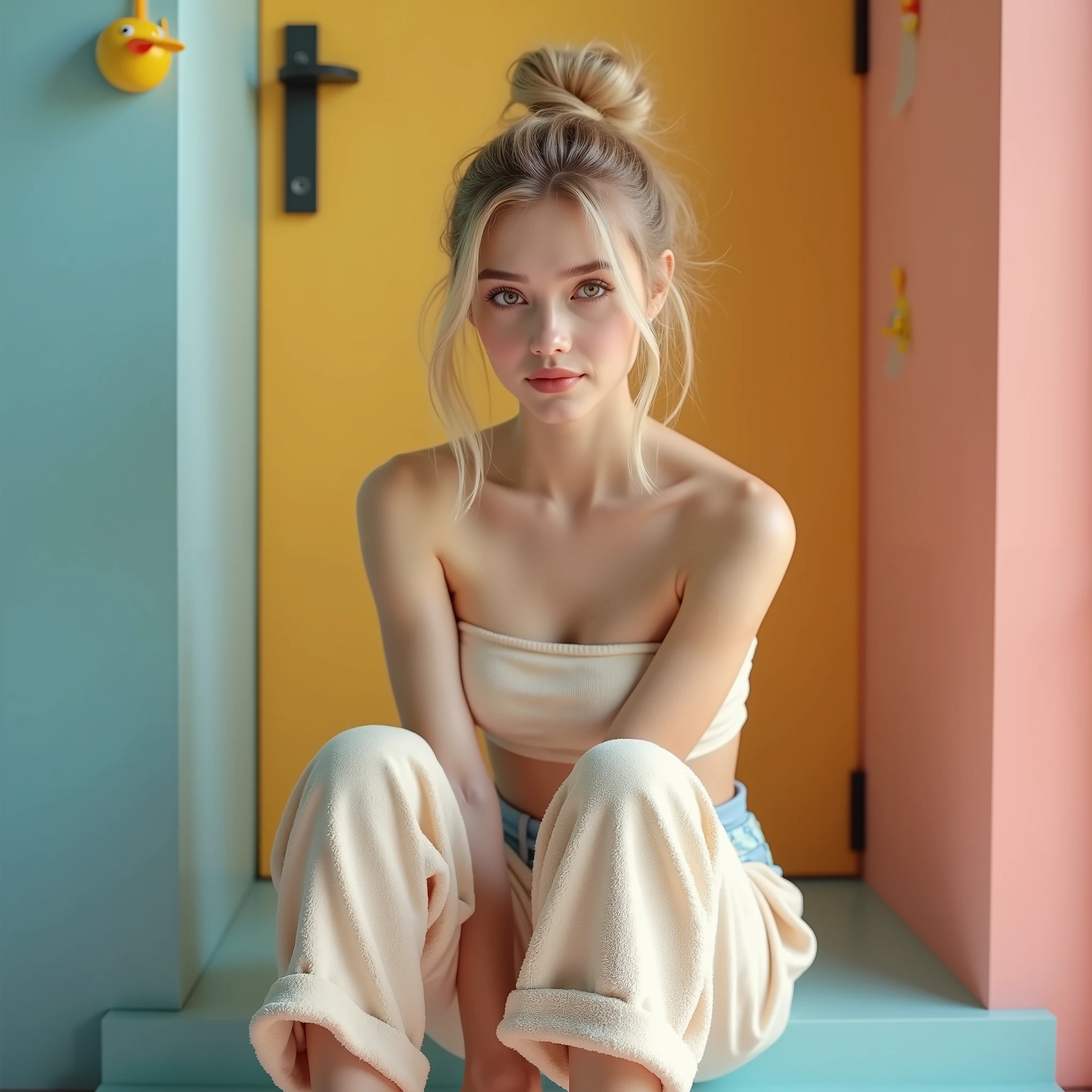 ((RAW photo), absurd, (absurdresolution)), masterpiece, best quality, (Extremely detailed CG unity 8k wallpaper), (best illustration), (best shadow), Realistic lighting, beautiful detailed glow, hyperrealism, (cute blonde, 18 years old)), (light eyes, real pupil), (gorgeous face), (messy high bun, straw color), (strapless shirt, terry cloth pants, socks, pastel colors), ((sitting on step, colorful room, minimalist ornaments)), (Photographic Perspective). «SunPuma S»