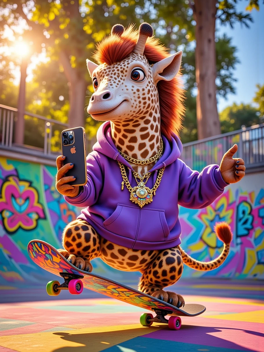  film grain ，Photo photography ，Movie， A majestic giraffe ， The coat color was as bright and shiny as a multicolored glow ， The scales on its body shimmer mysteriously 。 and a gorgeous golden pillar of light ， Chain ， The floor of the skate park is colored 。 It was wearing a loose purple hoodie ， shines in the sun Dazzling light ， reveals a kind of casual and unruly 。
 This giraffe was riding a skateboard leisurely and comfortably in the skate park， Its little claws grip the edge of the skateboard ，Rotate ，Bring a breeze， blowing the hair on its body 。 Its hooves clasped the skateboard ，Maintaining balance ，Eyes focused and confident。
 Kirin was holding a latest iPhone phone in the mouth ，The screen lights up， It is wearing a loose white hoodie ， The coat color is as delicate and shiny as cream 。 The sun shines through the leaves ， to form a golden pillar of light ，Sprinkled on a Kirin and a skateboard ，Creates a light and shadow effect that interlaces light and dark。 with a gorgeous gold item ， to capture the wonderful moments in a skate park ， with exaggerated cartoon images ， and has abstract art patterns 。 The whole picture is presented in K HD ，Clarity is incomparable， with a sense of surrealism ， incorporates Chinese whimsical 、 Strange elements ，带有老Movie的独特韵味，仿佛是一部来自奇幻世界的Movie场景。