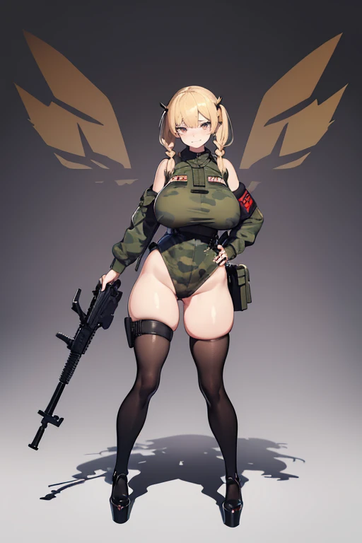  thick hips,  thick thighs, platform heels, high cut leotard, bandeau top, huge breast, thin waist, long hair, weapon, pale skin, gun, angry look,  scream, thick body, tight stockings, military camouflage,  (( very wide hips)), (((colossal Thighs, gigantic thighs, very huge thighs, very big thighs))),
