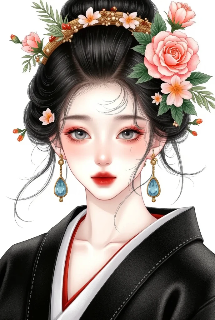  hand-painted art ，colored lead sketch：beautiful girl portrait, Japanese Geisha ， high bun，Ribbons and flowers in the hair， unique ，Fine hair，Chinese ancient style， Black Kimono ，stone earring， white background，matt ，Frosted
