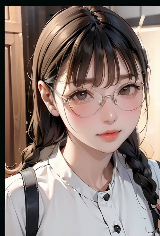 (( best quality )),(超 high definition ),( Very detailed),(Detailed explanation),(( best CG )),(masterpiece), Super Fine Art 、( best quality 、8k、32K、masterpiece)、(Realistic)、(Realistic:1.2)、( high definition )、 Very detailed、 very beautiful face and eyes、1 female、((:1.3))、 Thin Waist、Delicate body、( best quality 、 attention to detail 、 Skin Details )、( best quality 、8k、Oil paint:1.2)、 Very detailed、Glasses、( landmine fashion:1.3)、 braids 