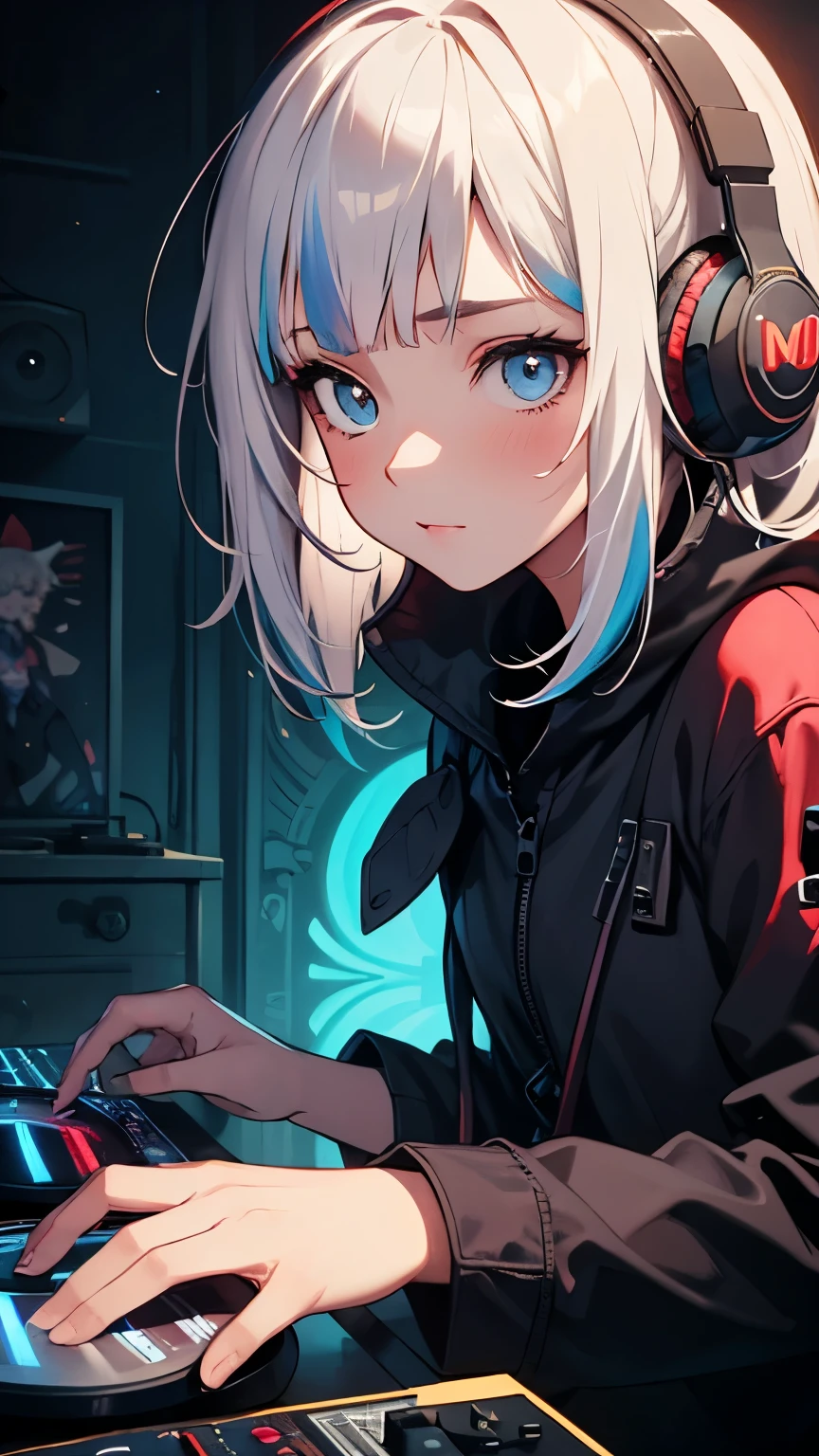 A close-up portrait of a charming albino girl, a DJ  in the style of Anna Dittman, by Jeremy Mann, dressed in futuristic attire. The painting is executed in the manner of Gustave Moreau, with a resolution of 32 pixels. The girl is standing at the DJ console, wearing headphones, and is dancing to music. The background features a wall covered in graffiti and neon core, with colors that glow in the darkness, reminiscent of the Glowwave style. Aesthetically, the painting is reminiscent of vintage style.