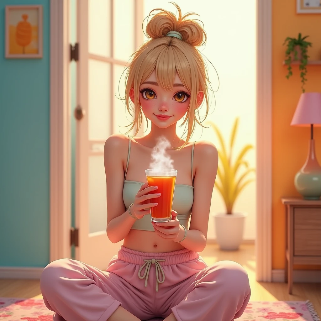 ((RAW photo), absurdities, (absurdresolution)), masterpiece, best quality, (Extremely detailed CG unity 8k wallpaper), (best illustration), (best shadow), Realistic lighting, beautiful detailed glow, hyperrealism, (cute blonde, 18 years old)), (light eyes, real pupil, sharp), (gorgeous face), (messy high bun, straw color), (strapless shirt, terry cloth pants, socks, pastel colors), ((sitting on step, colorful room, minimalist ornaments)), glass of steaming tea, (Photographic Perspective). «SunPuma S»