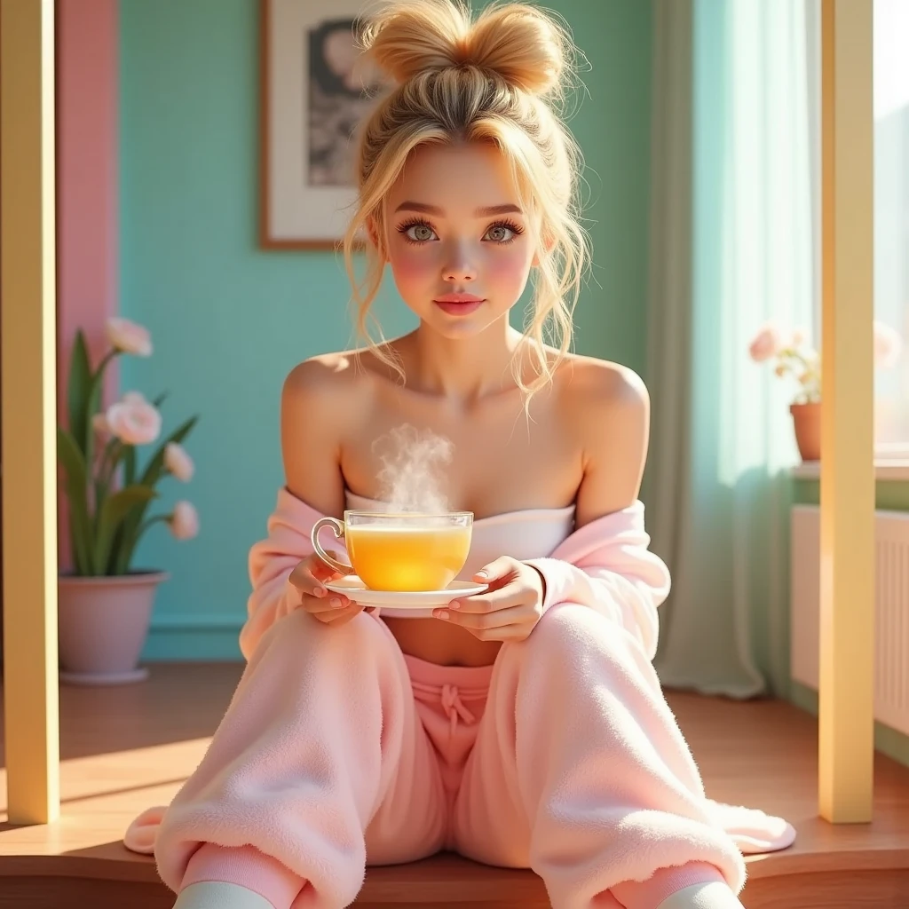 ((RAW photo), absurdities, (absurdresolution)), masterpiece, best quality, (Extremely detailed CG unity 8k wallpaper), (best illustration), (best shadow), Realistic lighting, beautiful detailed glow, hyperrealism, (cute blonde, 18 years old)), (light eyes, real pupil, sharp), (gorgeous face), (messy high bun, straw color), (strapless shirt, terry cloth pants, socks, pastel colors), ((sitting on step, colorful room, minimalist ornaments)), glass of steaming tea, (Photographic Perspective). «SunPuma S»