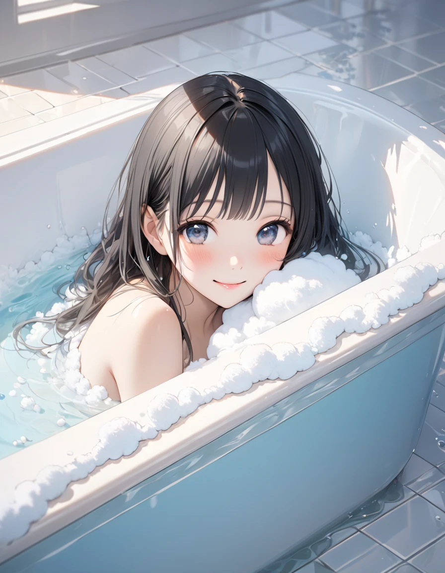Absurd, Super detailedな,(In 8K:1.3),Masseter muscle area,(masterpiece:1.2)、(Highest quality)、4K、Super detailed、(Movement Structure:1.4)、(Shining Lights、Atmosphere lighting), High resolution, Best Quality、(One girl:1.4),Super detailedな,Bright colors、Treebreak Production Art、(Warm color light source:1.2),High-level image quality、Fine image quality、Intricate details,Volumetric Lighting,Realism BREAK、Profile、 Idol face、15 years old、Very beautiful face and eyes, Beautiful images、 natural make up、big eyes、 taking a bath (Baby Face:1.4)、(Big Tits:1.4)、(Breast bag:1.2), (glossy skin :1.5)、(Sweat:1.5),(taking a bath:1.5), (bathroom:1.2) 、 (black hair,blunt bangs、twintails、wet hair:1.4)、(Delicate and detailed、Semi-nude)、 (orgasm face)、(Bubble bath:1.4)