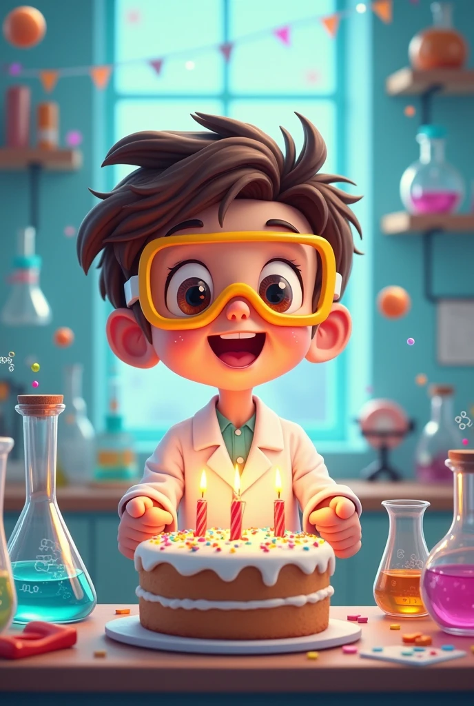 Cake with cute baby scientist doing experiments