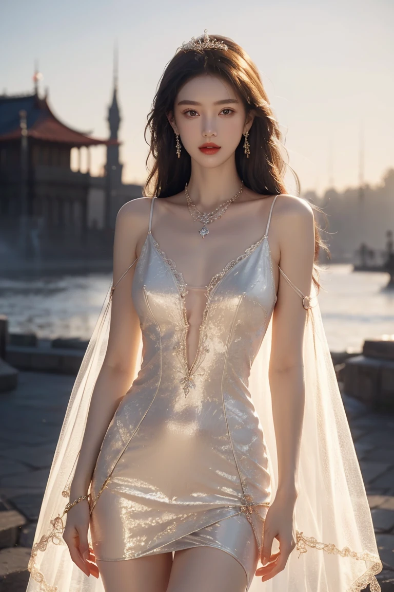 Finest CG ,  Max Image, masterpiece, Delicate and beautiful girl, (185cm Beautiful Woman), ( are tall and slender), Royal sister, Queen temperament,  white skin, ((Long legs)),  Perfect Face , Bright Eyes, Seductive posture,  red lips, Beautiful and cold (Big Break)), Beautiful and heroic, soft and long hair, Sparkling, Lace Edge, mesh,  Skin Seen Through Perspective , He's wearing glasses,   Diamond Earrings ,  Ruby Necklaces , ( evening dress), 8K quality, ( Realistic Portraits ), Characters that fill the screen , ( FACIAL LIGHTING ), (( standing)