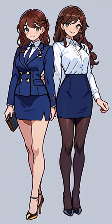 ((Masterpiece, highres)), 2girls, duo, twins, ((one brown haired girl, one blonde girl)), long hair, curly hair, matching hairstyles, different hair color, confident, elegant, proud smiles, (((matching outfits, identical outfits, blue skirt suits, sexy skirt suits, blue blazer, blue short skirt, black high heels)))