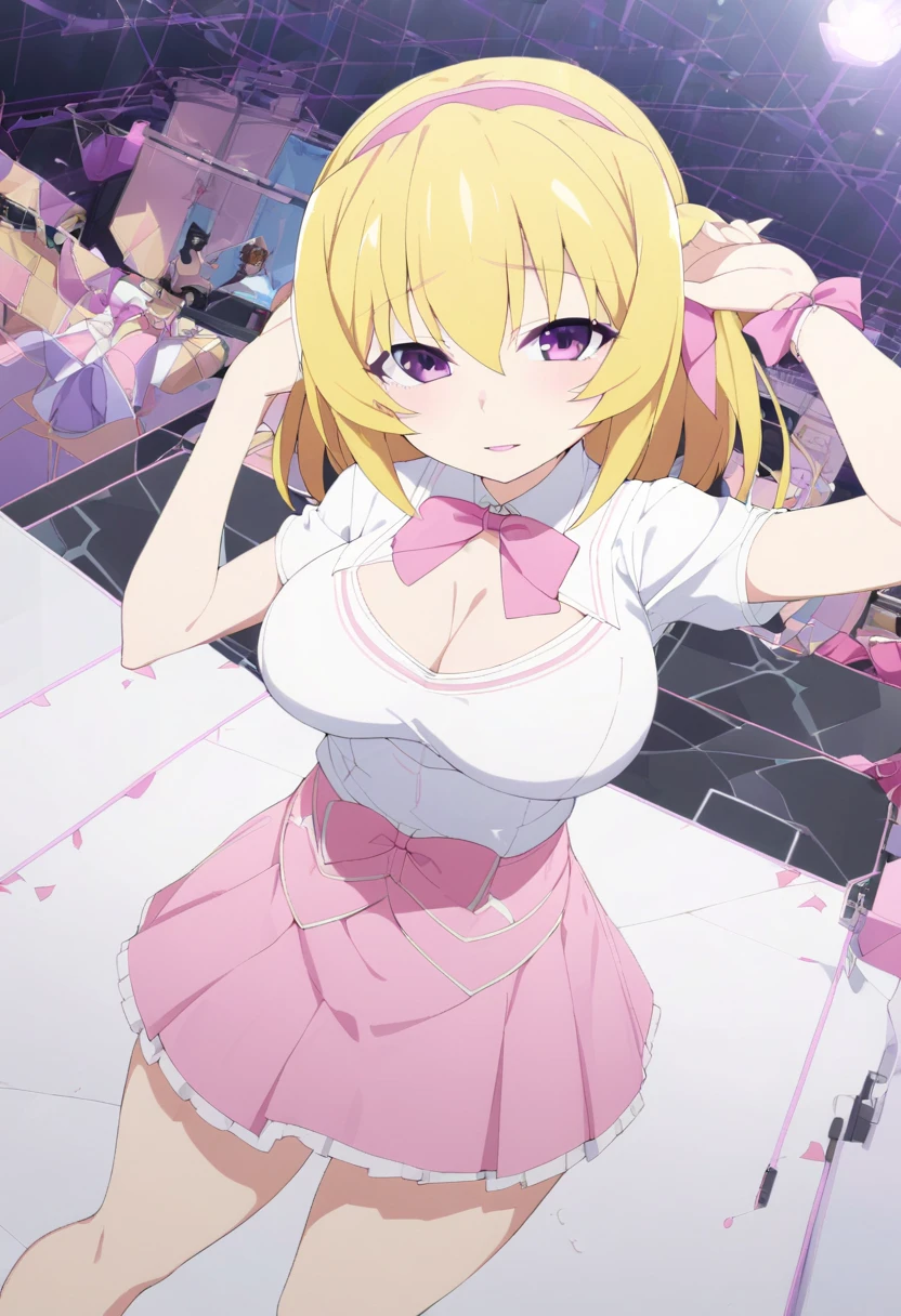 houjousatoko, short hair, blonde hair, purple eyes ,hairband, large breasts, , pink bow, skirt,　live stage