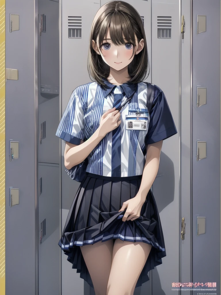 nsfw , anegasaki nene ,  (((highres official art))) , (((Anime Pinups))) , (((1girl))) , (((solo))) , (((a little lighter brown hair))) ,(((name holder))),  best quality, highres,  lawson uniform,大きな胸, employee uniform, shirt, name tag, short sleeves, striped shirt, striped, vertical-striped shirt, blue shirt, vertical stripes, alternate costume , (((lift skirt))), (((skirt hold))) , (((locker room)))