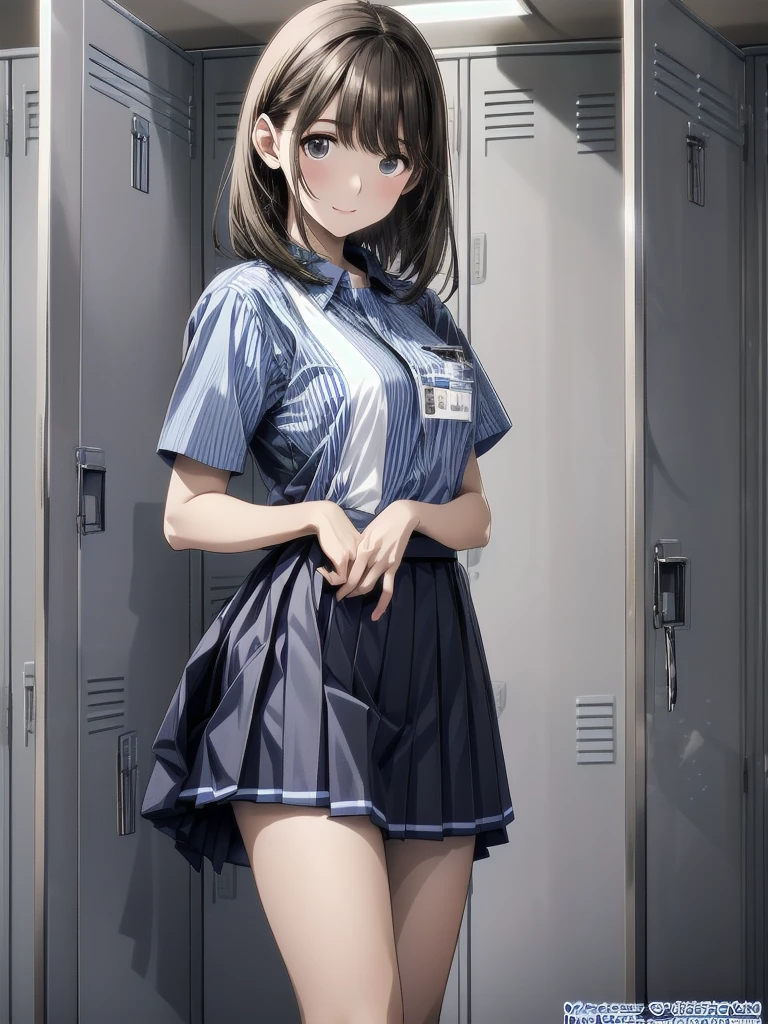 nsfw , anegasaki nene ,  (((highres official art))) , (((Anime Pinups))) , (((1girl))) , (((solo))) , (((a little lighter brown hair))) ,(((name holder))),  best quality, highres,  lawson uniform,大きな胸, employee uniform, shirt, name tag, short sleeves, striped shirt, striped, vertical-striped shirt, blue shirt, vertical stripes, alternate costume , (((lift skirt))), (((skirt hold))) , (((locker room)))