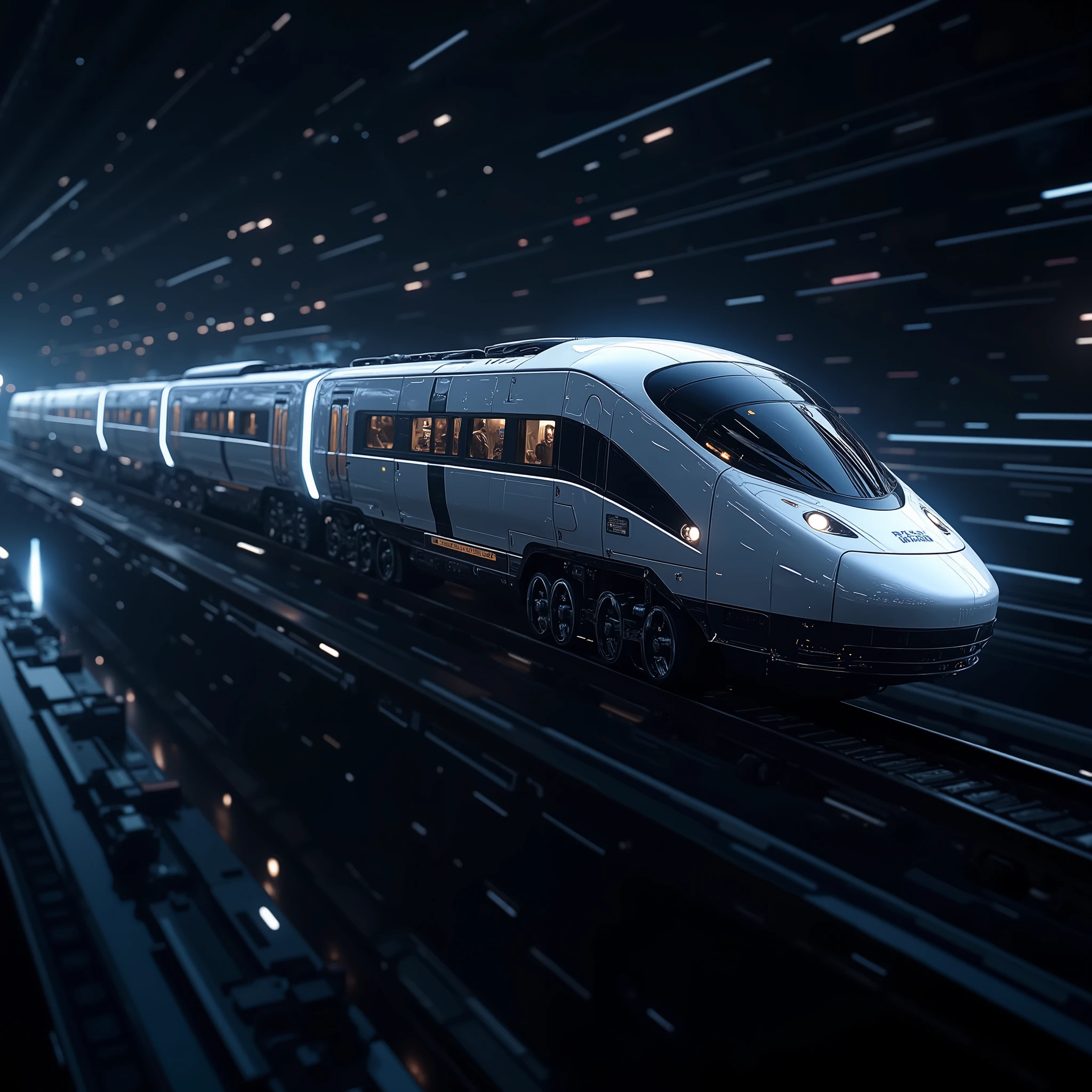  super space-time railway 、Going through the dark 、 running on a laser rail 、 transition gate in the direction of travel 、Sci-fi art、 cyberpunk、Advanced streamlined design for detailed futuristic railways、