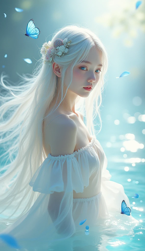 (Raw photo:1.2), (Photorealistic), Beautiful detailed girl, Very detailed eyes and face, Beautiful detailed eyes, Huge file size, High resolution, Very detailed, Best Quality, [masutepiece:1.6], Illustration, Very detailed, Fine detail, Best Quality, 8K Wallpaper, Movie Lighting,Beautiful 15-year-old woman in white dress standing in the water, Underwear, A bra that is as clear as water, Shining panties like water droplets, Beautiful fantasy maiden, goddess of light, beautiful goddess, fantasy gorgeous lighting, a beautiful fantasy empress, beautiful fantasy art, Dramatic lighting fantasy, Fantasy Woman, portrait of queen of light, ((a beautiful fantasy empress)), A beautiful maiden