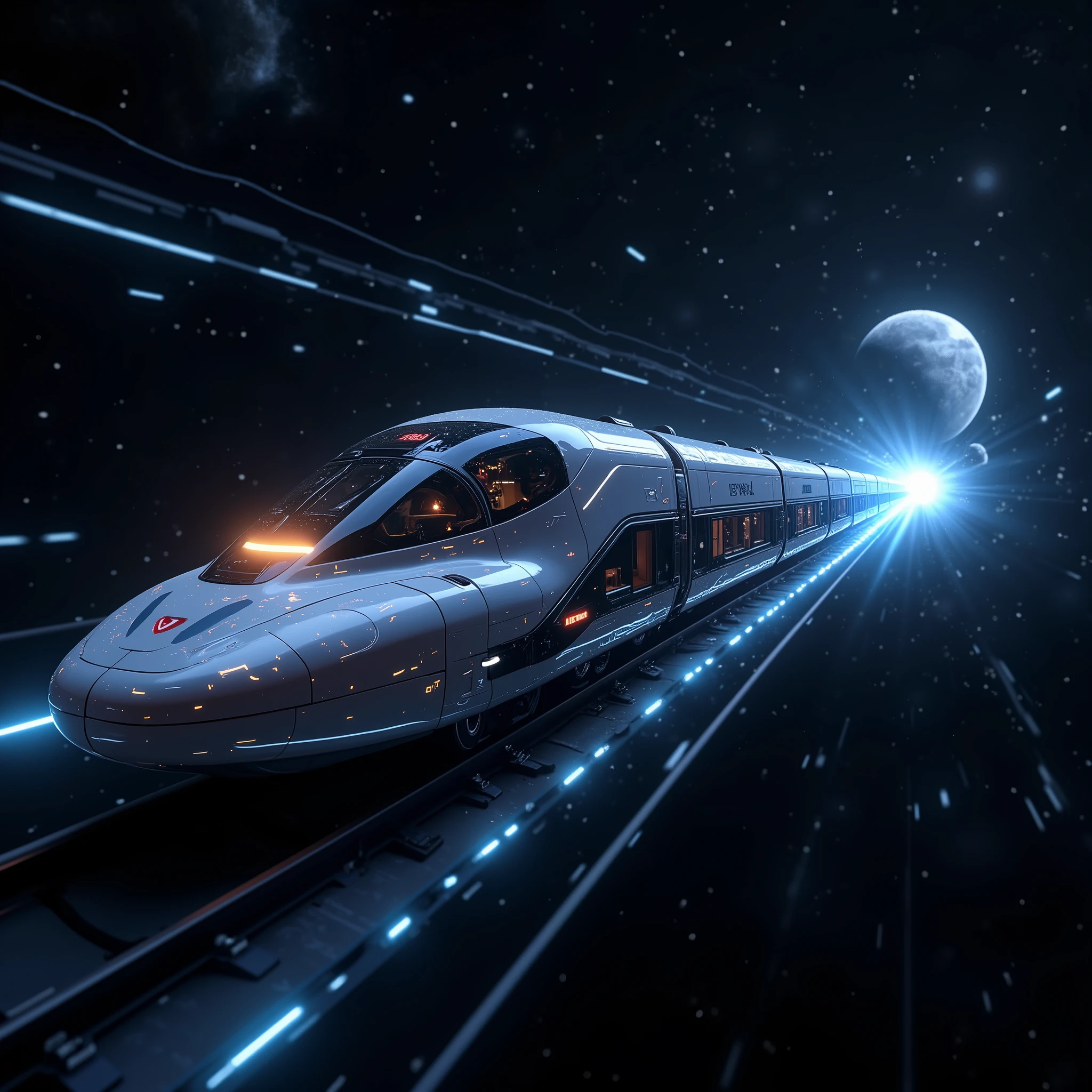  super space-time railway 、Going through the dark 、 running on a laser rail 、 transition gate in the direction of travel 、Sci-fi art、 cyberpunk、Advanced streamlined design for detailed futuristic railways、