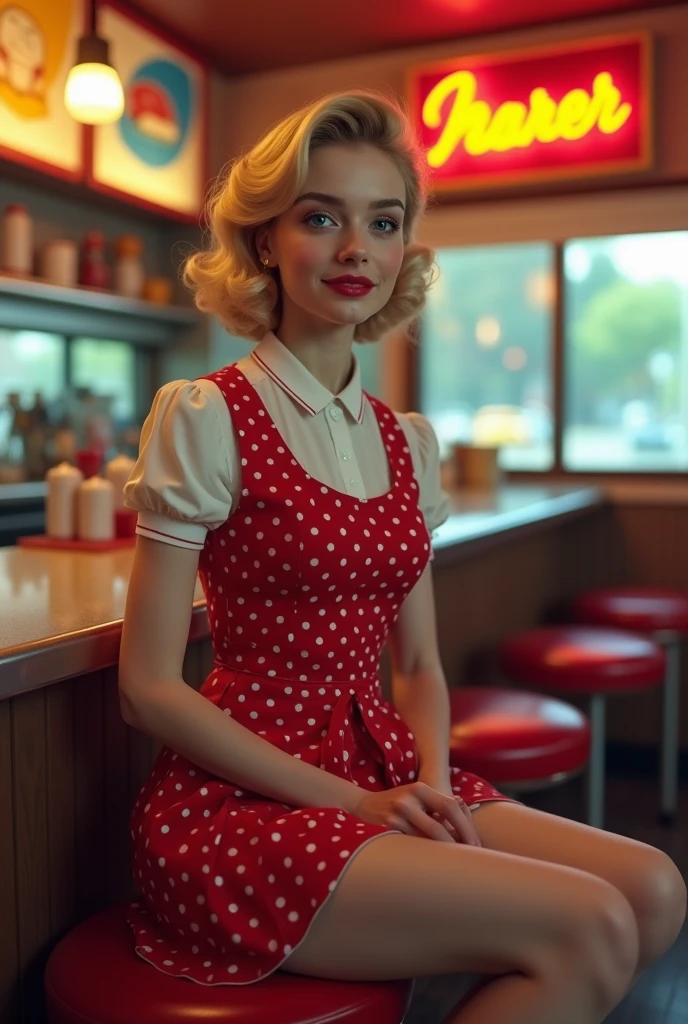 (medium full shot) of (striking 1940s pin-up girl) young woman, canadian, pale skin, jade green eyes, normal build, short blonde double braids hair, wearing a blue fitted blouse, capri pants, mules, red lipstick, bandana, set in the year 1940s, in a classic 1940s diner, with retro booths, checkered floors, vintage jukebox, neon signs, at night, woman smiling, ,Masterpiece,best quality, photo, realistic, very aesthetic, detailed face,