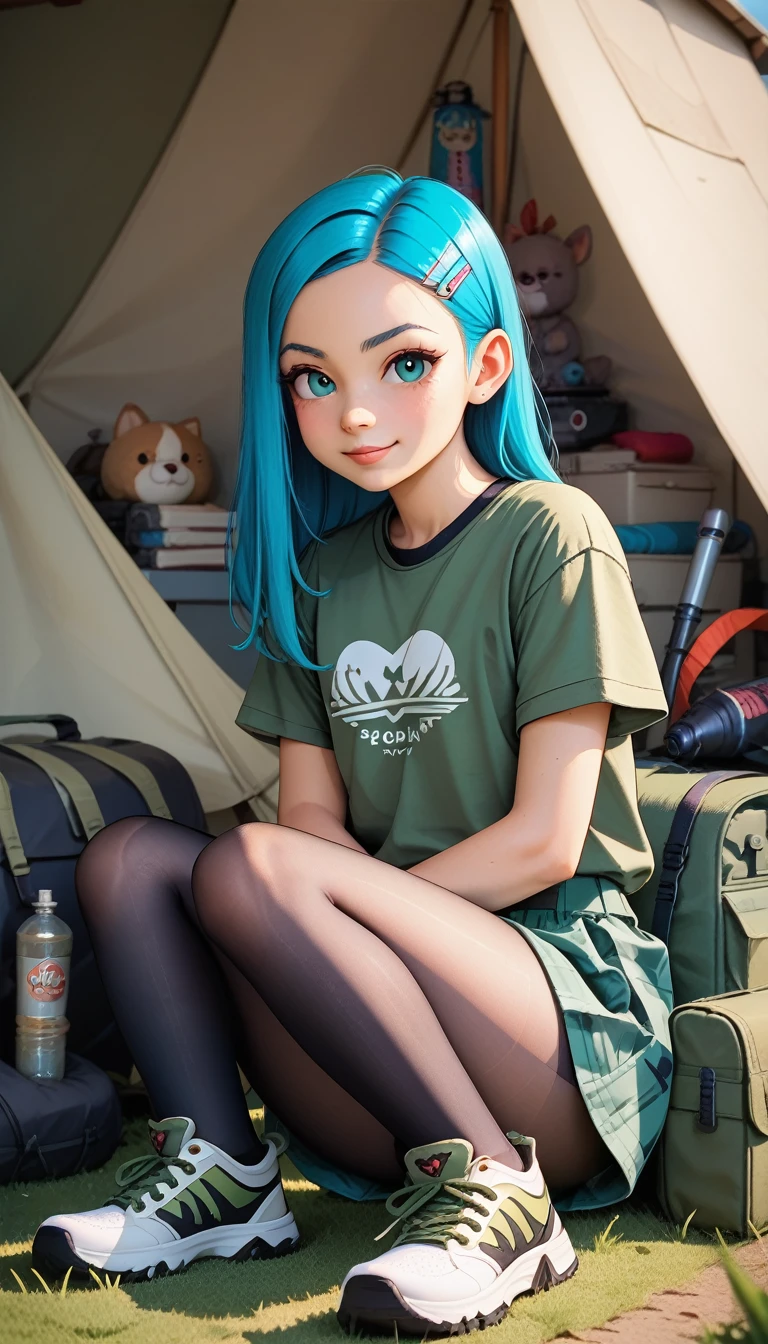 Asuka Tanaka, Blackcut off tight camouflage top, extra short army green cargo skirt, (highly shiny black pantyhose:1.4), sneakers, (loli:1.4), sitting in a camp